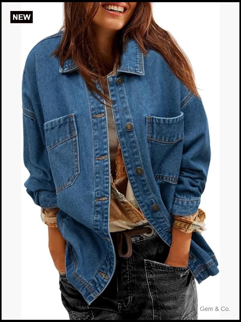 Oversized Boyfriend Denim Jacket With Split Hem, Button Front, Long Sleeve